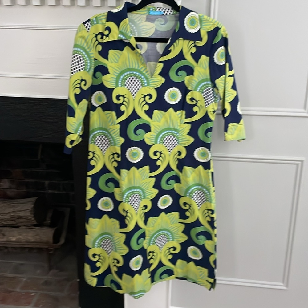 J. McLaughlin Dress Popover Cotton Spandex Size 8 Retro Green Blue 1970s